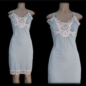 Vintage 60s BARONET Baby BLUE Full SLIP Dress Lace NYLON Sheer ~ 38 M/L